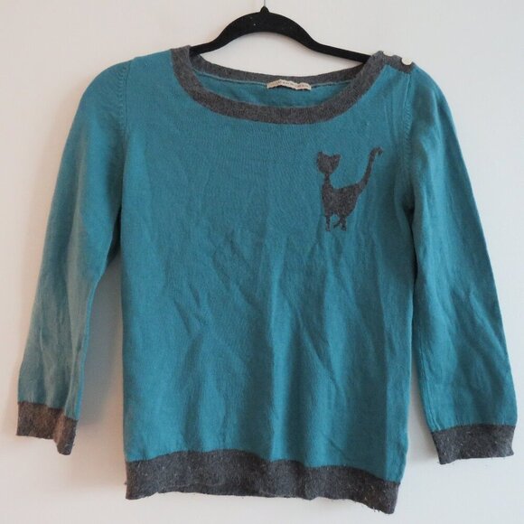 HUMAN WOMAN Y2K Cat Knit Cropped Sweater Top Teal Gray - Size M - Picture 2 of 11